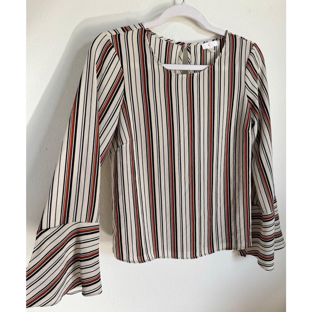 C Women's Bell Sleeve Striped Blouse Fall Boho Size Small